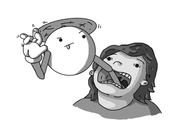 A person has their head tilted back with their mouth wide open and an alarmed look in their eyes as a spherical, hovering robot with jointed arms and a propeller on its top thrusts one arm down their throat. The robot is looking upwards slightly, frowning with its tongue sticking out in concentration, waggling the fingers on its free hand.