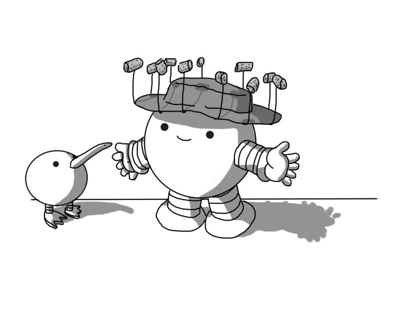 A spherical robot with banded arms and legs. It's wearing a stereotypical Australian corked hat, with the corks inexplicably hanging upwards. Standing beside it is what is presumably a Kiwibot: a spherical robot with banded legs with little clawed feet and a long beak on the front, tilted upwards, as if the robot is looking up at the corks, confused.
