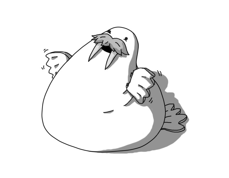 A robot in the form of a fat walrus rearing up on its belly, with two hinged flippers on either side of its body and one visible flipper at the end of its body. It has a big, fluffy moustache and two long tusks. It's looking up, smiling and waving its upper flippers.