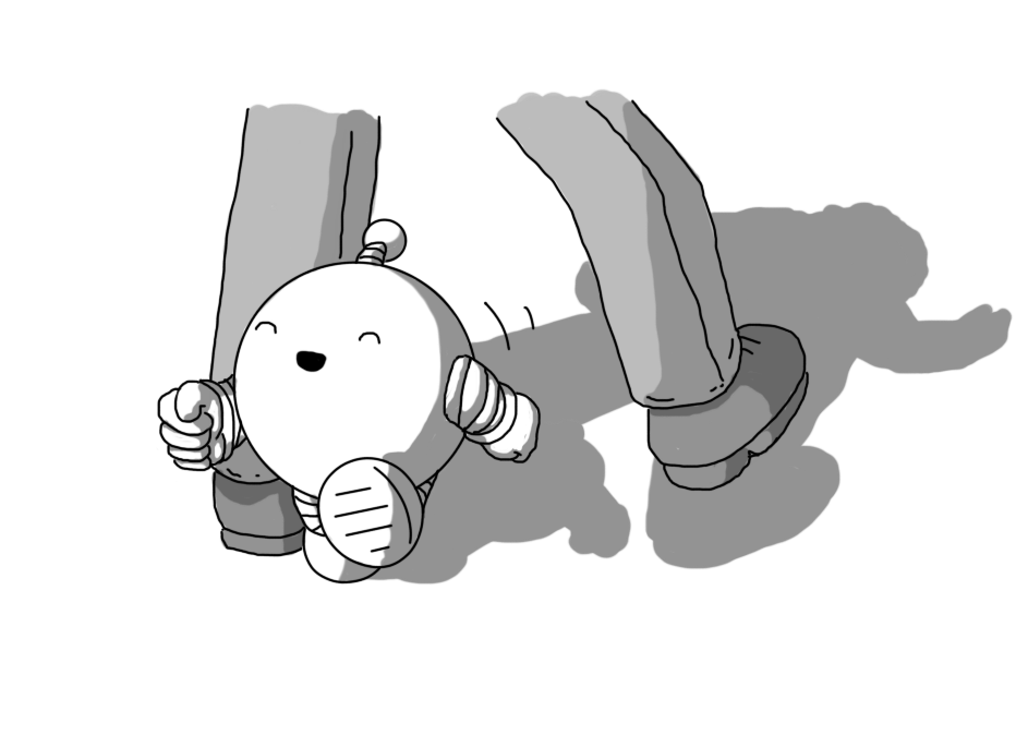 A spherical robot with banded arms and legs and an antenna, laughing with its eyes closed as it runs between a person's legs. The shadow of the figure shows them looking downwards, seemingly raising an arm in dismay or protest.