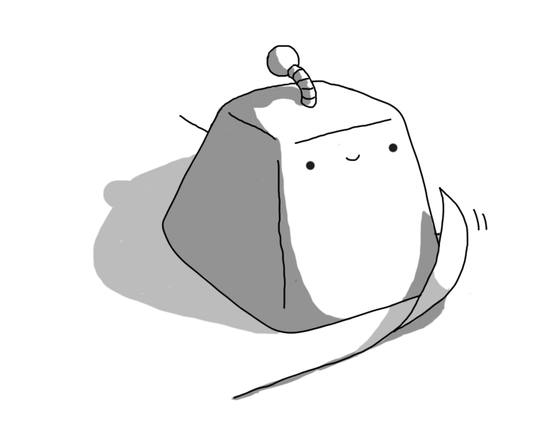 A trapezoid robot without limbs, sitting on the corner of a piece of paper whose edge is being blown slightly up from the surface it rests on. The robot has a banded antenna and is smiling happily.