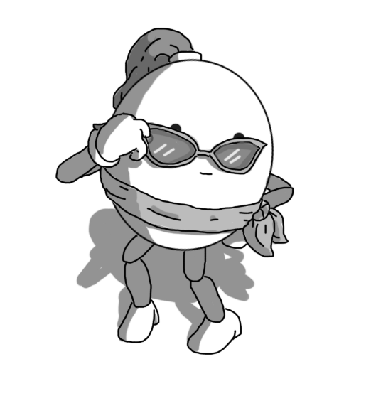 An ovoid robot with jointed arms and legs. It has a ponytail on its top, a kerchief around its waist/neck, small heels on its feet and a pair of butterfly-wing 50s style sunglasses. The robot has one hand on its waist, is turning slightly to one side and tilting down its shades so it can peer over them sassily.