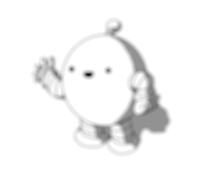 An animated GIF of a spherical robot with banded arms and legs and an antenna. It's smiling, holding up one hand while the other rests on its waist. The robot goes from blurry to clear, then becomes a little too sharp, and goes back to slightly blurry then clear again.