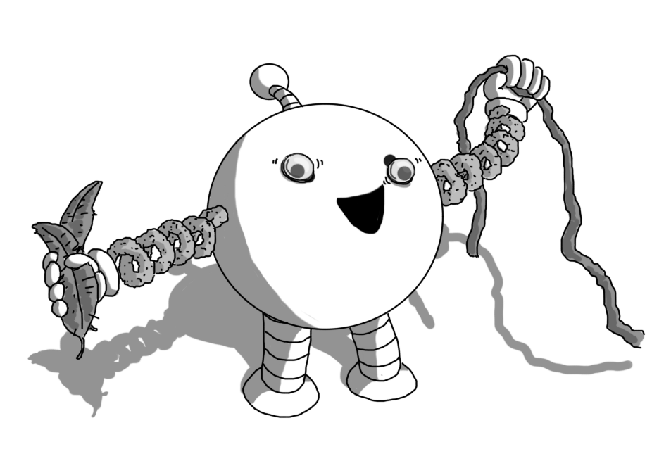A spherical robot with banded legs and an antenna. It has arms made of pipe cleaners, wound into spirals, and is clutching two feathers in one hand and a length of yarn in the other. It's also pasted two googly eyes over its own eyes. It has a large, open, smiling mouth, and seems to be brandishing its craft supplies with a kind of manic triumph.