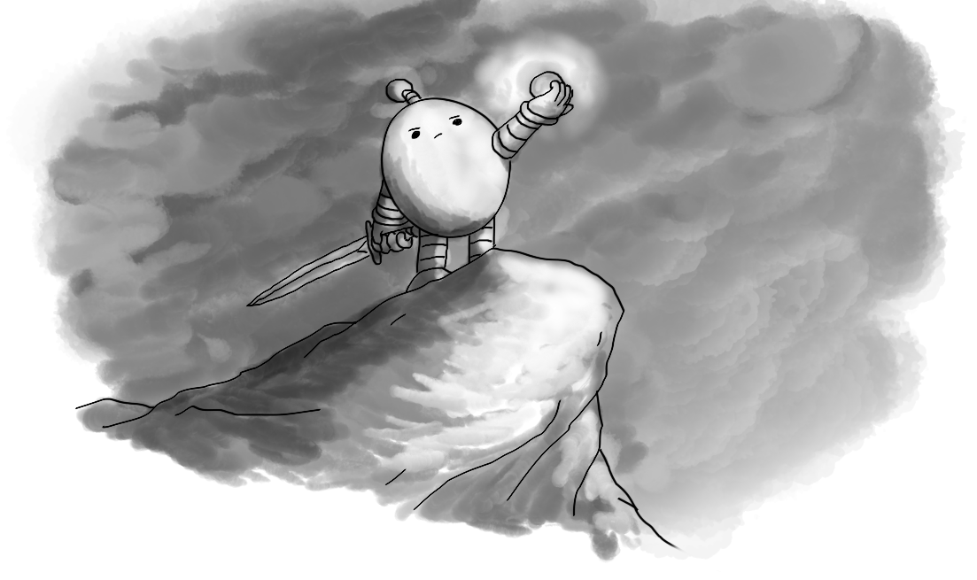 An ovoid robot with banded arms and legs and an antenna, standing on an outcropping of rock, holding a sword in one hand and a glowing orb or gem in the other. The picture is in grayscale, but painted in a watercolour style so the backdrop appears to be roiling clouds as it holds aloft its magic doohicky or whatever.