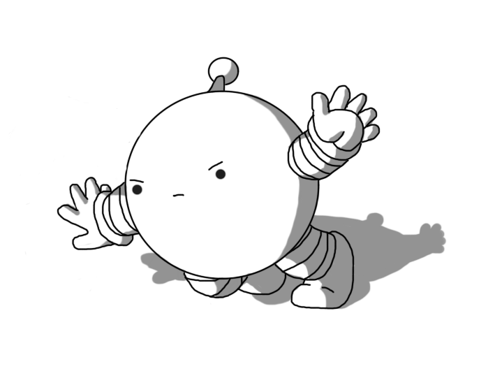 A spherical robot with banded arms and legs and an antenna. It's launching itself forward, leaning forward with its arms outstretched, a determined expression on its face.