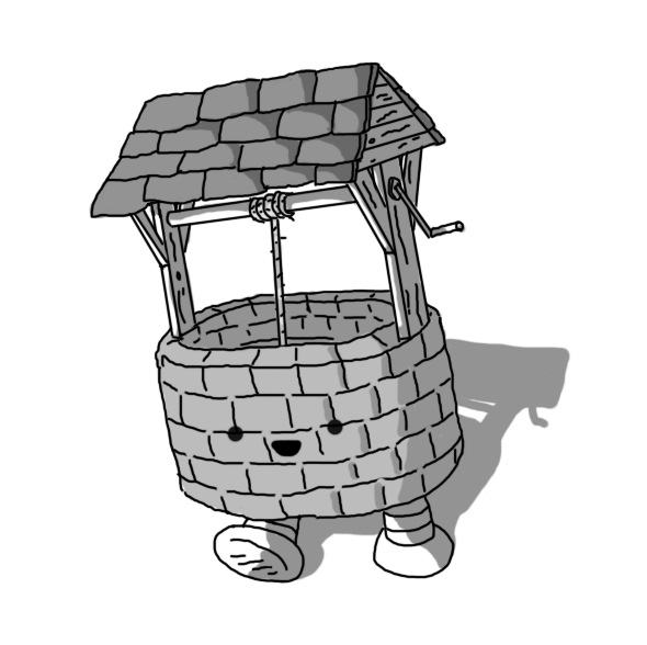 A robot in the form of a circular, brick well, with wooden struts and a peaked, tiled roof built onto the top. A winch runs beneath the roof with a handle on one side and rope attached in the middle that is hanging down into the well's depths. The robot has two banded legs on its underside, and is walking along at a slight angle, smiling happily.