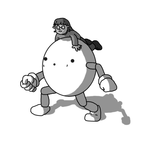 A round robot with jointed arms and legs, climbing uphill and puffing out its cheeks. Atop it is perched a smiling person, holding onto the sides with both hands.