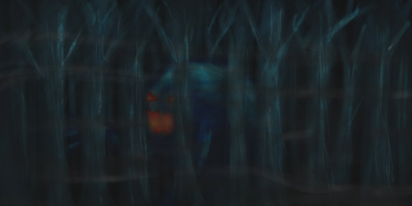 A coloured, painted-style scene depicting a deep, dark woodland shrouded in grey fog. Partially obscured by some of the trees is an indistinct, rounded form with long, slender arms with a glowing red mouth and eyes like a jack-o-lantern, creeping slowly through the forest.