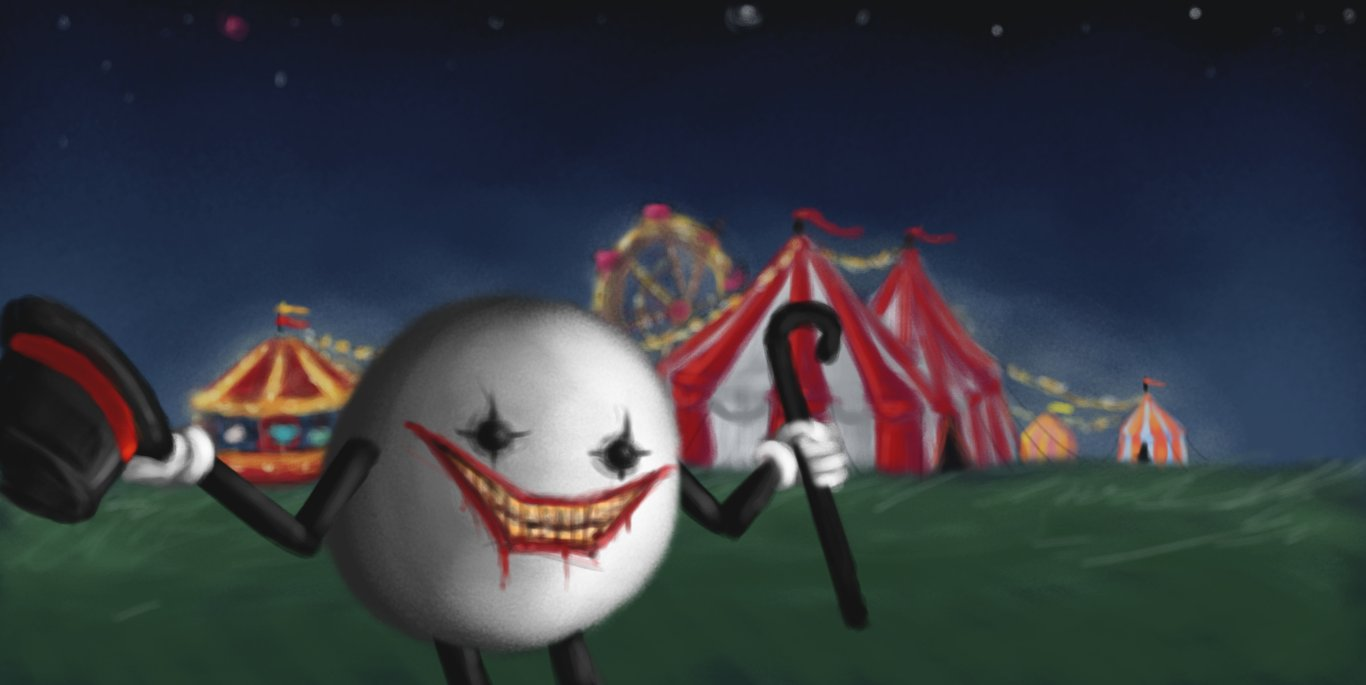 A full-clour, painted style picture of a traditional carnival at night in a meadow of long grass. A big top is surrounded by several other tents, a carousel is on one side and a Ferris wheel rises up behind them. Strings of yellow lights run between each attraction, and the whole thing is lit with a dim glow. In the foreground stands a round robot with jointed arms. It's doffing a top hat with one hand and gesturing with a bent cane in the other. Its face is made up in the manner of a grotesque clown: it has ranks of dirty, yellowed teeth bared in a rictus grin surrounded by dark red lips that are dripping slightly down its chin, and its eyes have black crosses painted across them.