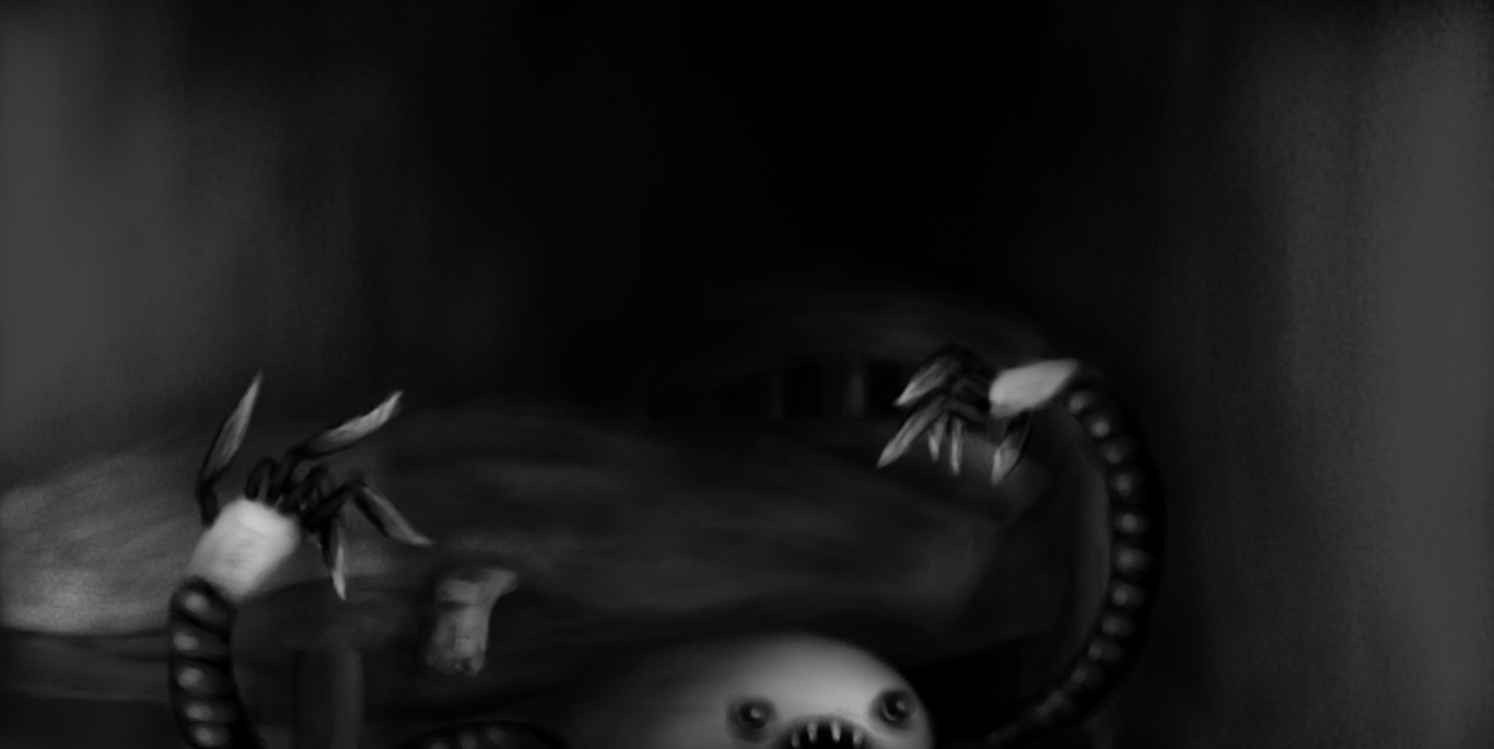 A pained style image in black and white. It depicts a bed in a darkened corner of a room, with the shape of a person beneath the covers with one foot protruding. Beneath the bed, emerging from one side, is an amorphous robot with very long, banded arms, tipped with hands that have long, blade like fingers, hovering over the sleeping person. The robot has an odd, fish-like face, with hollow, reflective eyes and a wide open mouth with sharp teeth. The robot isn't looking in the direction of the person, just staring blankly ahead.