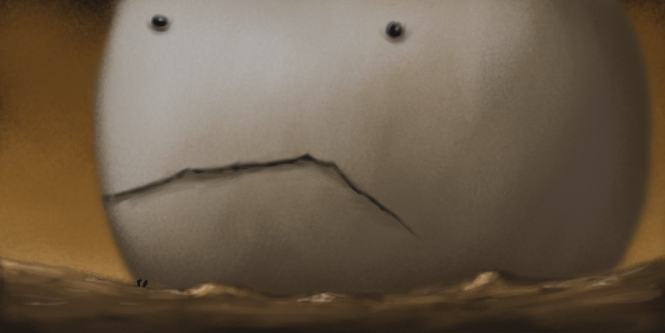 A barren, rocky landscape, rendered in dirty browns beneath a similarly-toned sky fading into darkness high above. The horizon curves slightly upwards and two tiny, dark figures are visible to one side. Looming over everything is an enormous, round robot, coloured pale brown. It stares blankly into the distance with hollowed-out eyes above a ragged slash of a mouth that spans more than half its visible diameter.