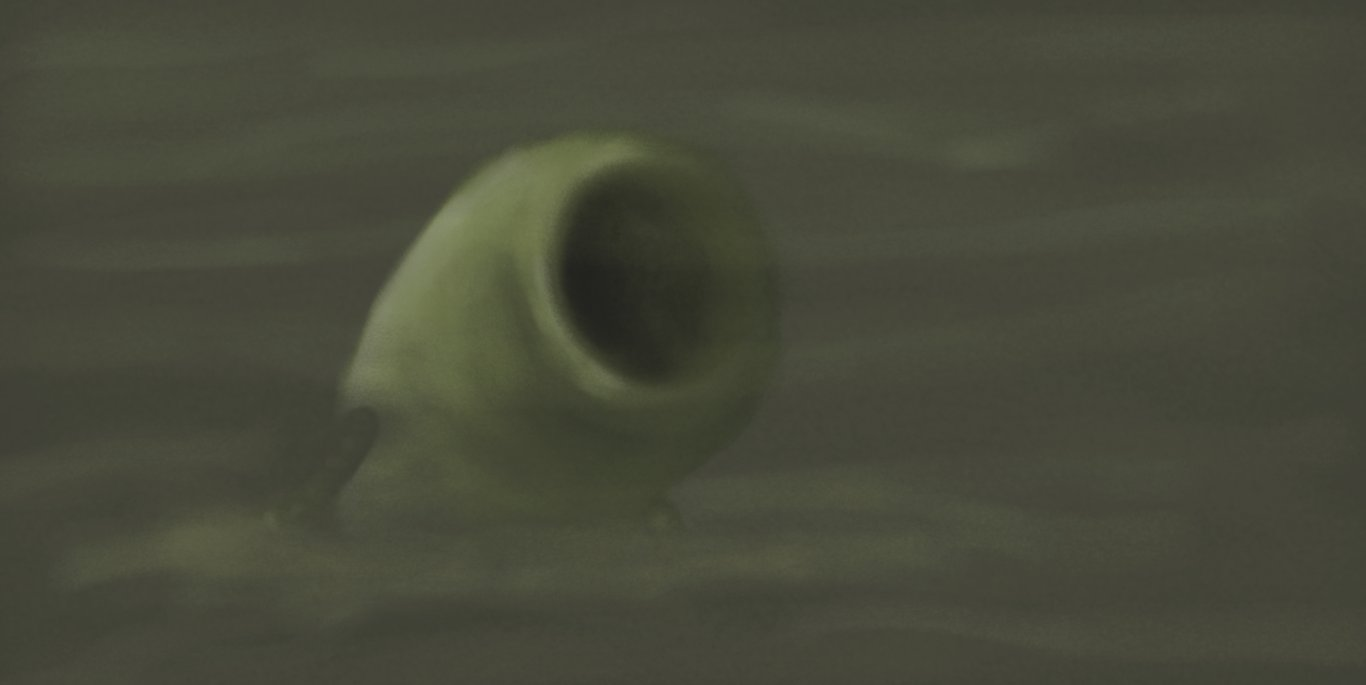A coloured, painted-style scene showing a dull green-brown expanse of roiling fog in which lurks the dim shape of a rounded robot shaped like a thick, slightly bent tube with two banded arms hanging loosely at its sides. In place of a face, the robot has only a huge, round, gaping maw with a slightly raised, disturbingly organic lip around its edge.