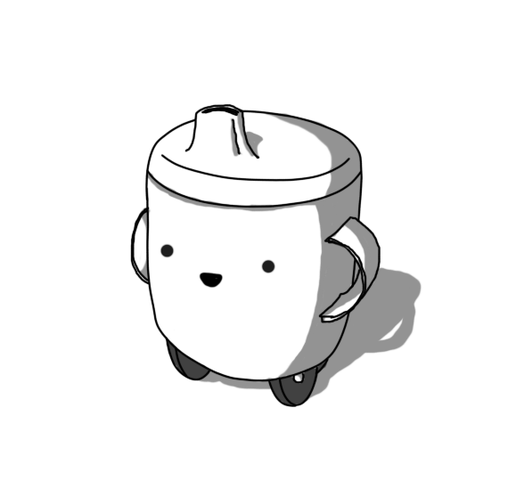 A robot in the form a child's sippy cup, with a lid featuring a little spout and two rounded handles on either side. The robot has three wheels on its underside and a happy, friendly little face.