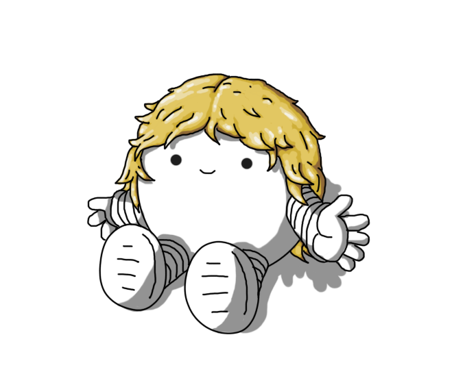 A spherical robot with banded arms and legs, sitting no the ground and holding its hands out. It has a big mop of blonde hair that cascades down its back and seems very happy about it.