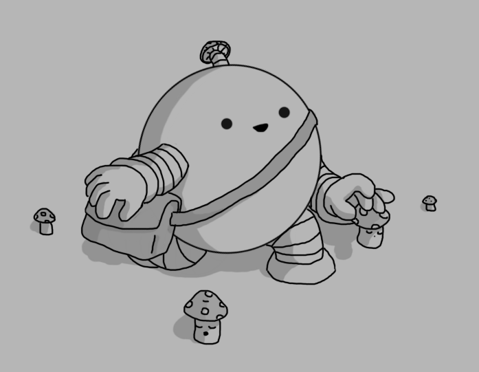 A smiling, round robot with banded arms and legs and an antenna with a little spotted mushroom cap on the end of it. The robot has a satchel slung over one shoulder and is kneeling down and delicately placing a sleeping Mushroombot (a robot in the form of a classic cartoon fly agaric mushroom with its face on the stalk) on the ground. Several other Mushroombots, also sleeping, are scattered around it. The scene is shaded darker than usual, indicating it is night.