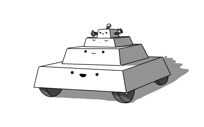 A set of four robots shaped like low, tapering cuboids, stacked on top of one another in the manner of a ziggurat. The bottom robot has four wheels on its underside, and the top one has an antenna and two little banded arms. The second robot from the top is asleep.