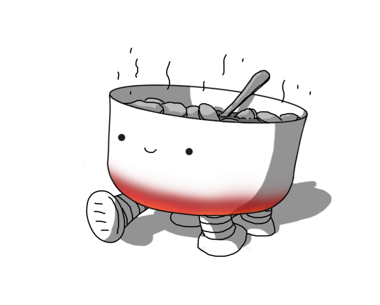 A robot in the form of a cooking pot with a slightly rounded underside that is also glowing a deep red colour. The pot section is filled with something that is topped with disc-shaped foodstuffs - probably slices of potato - with a dark interior, revealed by the presence of a spoon inserted into it and resting against the rim. The robot has four banded legs on its underside and is walking along, smiling happily. Lines of heat rise from the stew.
