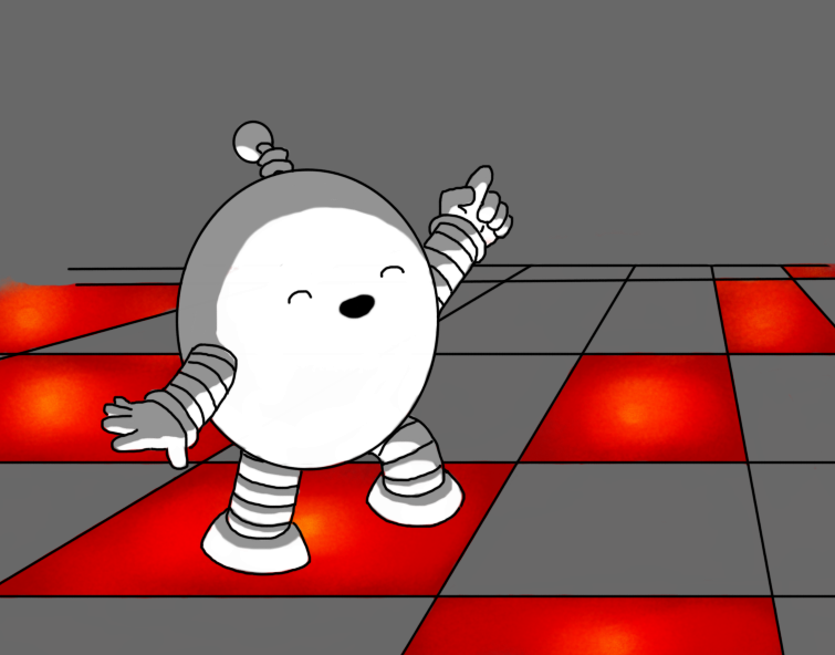 An ovoid robot with banded arms and legs and a coiled antenna, standing on a dance floor composed of light-up squares. The square the robot is standing on is illuminated, as are the squares in diagonal rows from the corners of that square, and they all glow a warm red colour. The robot is striking a pose, cocking one leg and raising a hand and pointing in the air, with its eyes closed and a big, happy smile on its face.