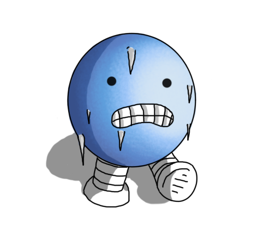 A spherical robot with banded legs, walking forwards. The robot's face is set in a wide grimace with teeth-bared, and its hung with a number of small icicles. It's body/head is glowing blue.