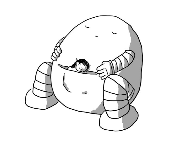 A large ovoid robot with banded arms and legs, sitting on the ground with its eyes shut, apparently asleep. It has a pocket built into its front in which a person is nestled, also asleep, with a contented smile on their face.
