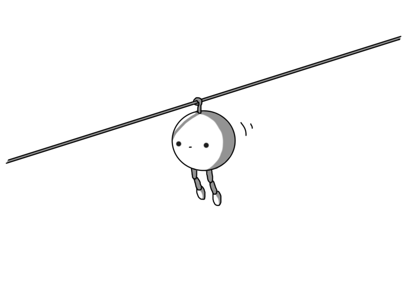 A spherical robot with jointed legs and a little hook-shaped antenna that hangs off an angled cable. The robot is sliding downward with a blank expression on its face.