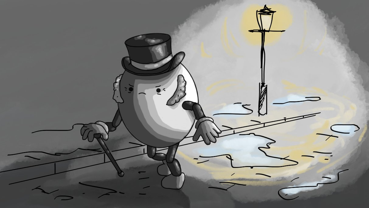 A scene depicting an ovoid robot with jointed arms and legs stalking its way down a Victorian street awash with snow and slush. The robot wears a top hat and carries a cane and it has heavy mutton-chop sideburns. It looks very grumpy and has wrinkles around its eyes. The background is rendered in a watercolour style and the light of a lamppost shines behind Scroogebot, leaving its face mostly in shadow.