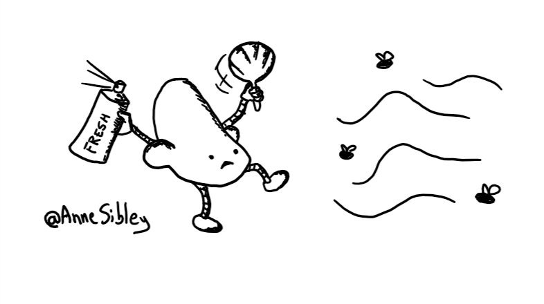 a robot shaped like a nose with an unhappy face on the tip fends off a wafting smell, complete with flies, using an old-fashioned fan that it waves desperately in one hand, while in the other it sprays a can of air freshener in the other direction. it has one leg raised as if lashing out at the stink.