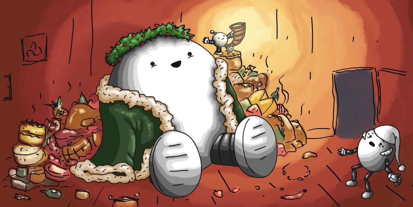 A scene depicting a wood-paneled room, in the corner of which sits a robot rather like Bigbot - a large, ovoid robot with banded legs - dressed in a green, fur-trimmed velvet robe (with empty sleeves) and a crown resembling a holly wreath on its head. Piled around it are all kinds of foot stuffs, including pies, cakes, turkeys, wheels of cheese, links of sausages, bottles of wine and what appears to be a big Toblerone. Bigpalbot is perched atop this at the larger robot's side, holding up a torch shaped like a cornucopia that sheds ruddy light across the scene. Scroogebot stands just inside the door to the darkened adjoining room, looking shocked as it beholds the scene before it.