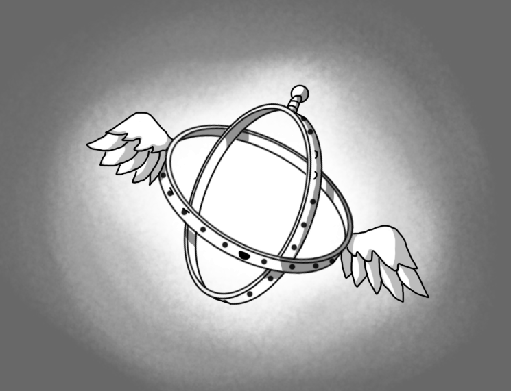 A robot consisting of two connected rings at right-angles to one another, the exterior of each of which is lined with eyes. There are two feathered wings on the sides of one ring and a banded antenna on the top of the other. The section of the ring with the wings that is equidistant between the wings has a smiling mouth underneath two of the eyes. Some of the sets of eyes have different expressions - one pair looks angry, and another is closed, as if asleep. The robot is against a mid-toned background and surrounded by a nimbus of brighter colour, as if glowing.