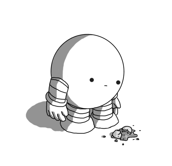 A spherical robot with banded arms and legs, looking down at a smashed egg near its feet. Its arms hang down by its side and it has a blank expression on its face.