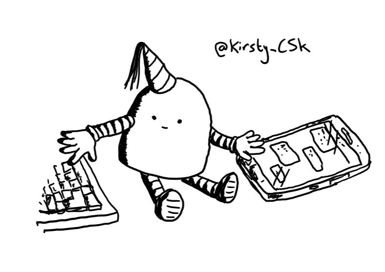 A dome-shaped robot in a conical party hat sitting between a computer keyboard and a phone with an ongoing text conversation on the screen, manipulating both at the same time.