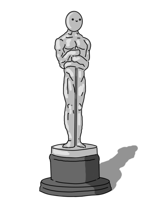 An Academy Award statuette - a gold effigy of a muscular man holding a stylised sword, atop a small black, cylindrical plinth - but instead of its sculpted head, it has an ovoid with a little smiling face on it.