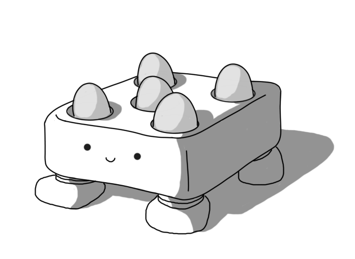 A robot in the form of a rounded cuboid with a square top, supported by four short, banded legs. The top of the robot has five circular cavities arranged like the pips on a die (one in each corner and one in the middle), with an egg resting comfortably in each of them. The robot's face is on one of its sides and it's smiling happily.