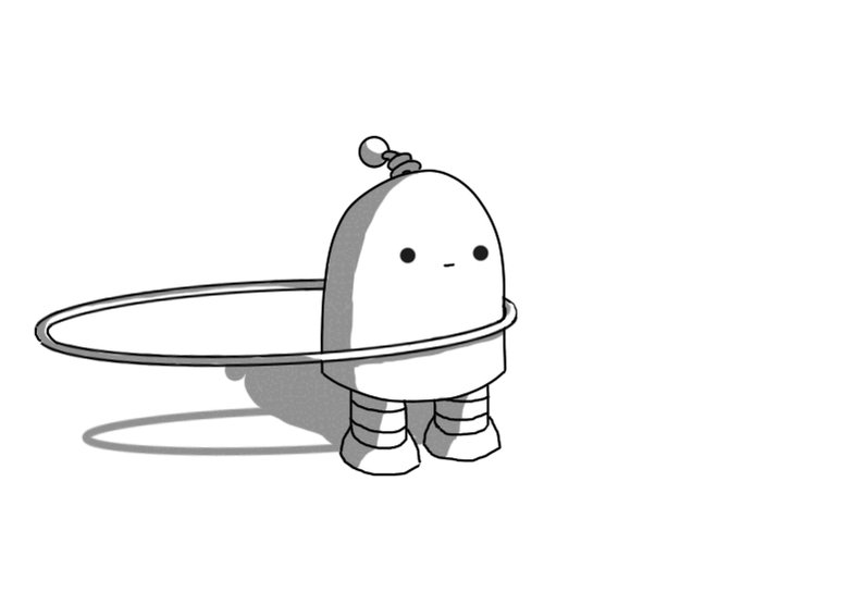 An animated gif of a round-topped robot with two banded legs and a coiled antenna. It's standing motionless, with a neutral expression on its face, as a hula-hoop rotates around its middle. Every now and then it blinks.