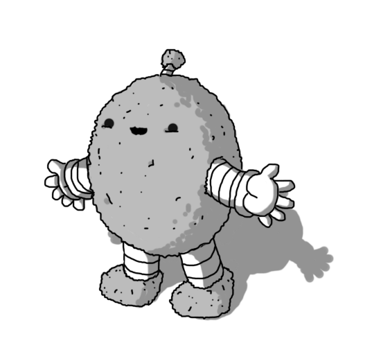 An ovoid robot with banded arms and legs and an antenna. It's holding out its arms and smiling. Its body, its antenna bobble and its feet are all covered in a layer of fuzz.