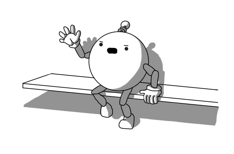 A spherical robot with joined arms and legs and a coiled antenna, sitting on a bench attached to a wall. It's leaning forward, one foot already off the ground, raising a hand with a determined expression on its face, opening its mouth to speak.