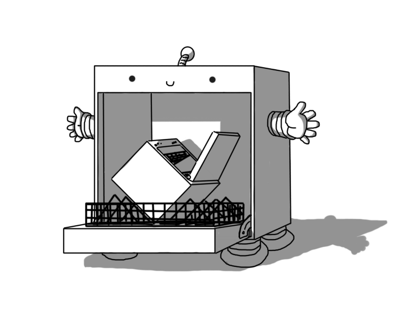 A robot that is essentially a big dishwasher. It has four short, banded legs on its underside and two banded arms on either side. Its smiling face is on a panel above its open door and it has an antenna on top. The robot has a rack pulled out across its door, on which rests an ordinary dishwasher, tilted up on one corner with its own door open, taking up about a third of the available room in the robot.