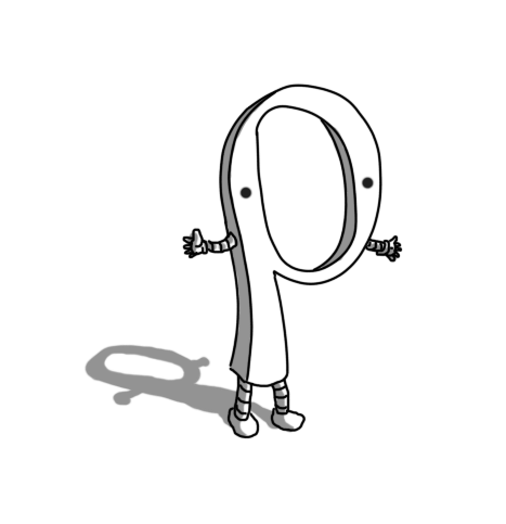 A robot in the shape of a lower-case Greek letter rho (ρ). It has little banded legs on the bottom of the stem, banded arms on either side of the loop and eyes that are a bit further up, so that the hole separates them.