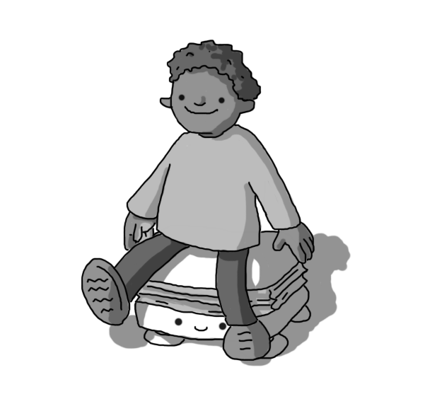 A robot shaped like a little rounded footstool, with a concertina section in its middle and four short legs on its underside. Its smiling face is on the lower part. A person is sitting on top of the robot, also smiling, and swinging their legs over the edge.