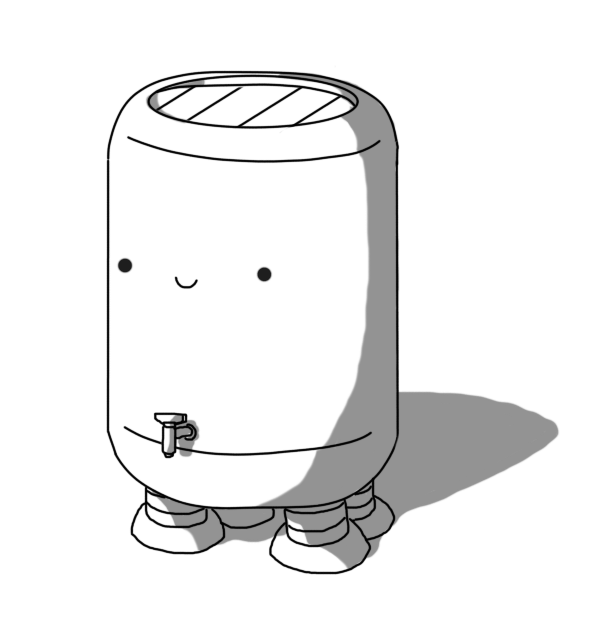 A robot in the form of a large, rectangular barrel with rounded ends. It has a circular hole in the top with a banded cover protecting its interior, four banded legs on its underside and a little tap just above the point where its lower curve stops. The robot's face smiling face is about two-thirds of the way up the barrel.