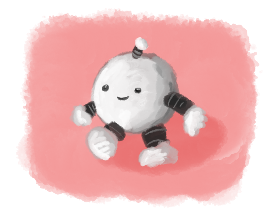 A rough, watercolour-style image of a round robot with banded arms and legs and an antenna, against a pink background. The style is deliberately free-form and rough, with only the suggestion of shading and details, applied with hasty indifference. Still, it looks happy enough.