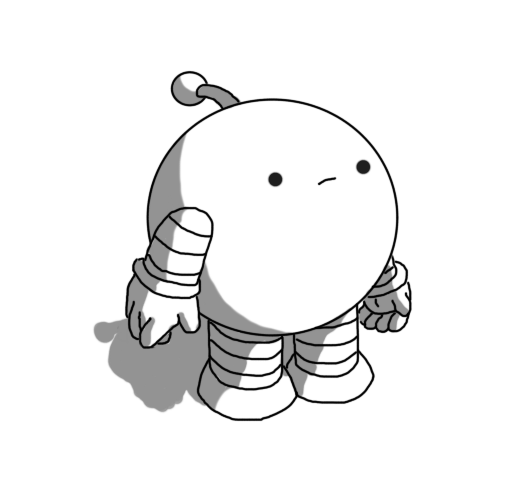 A spherical robot with banded arms and legs and an antenna. It's tilted slightly upwards and has a rather uncertain expression on its face.