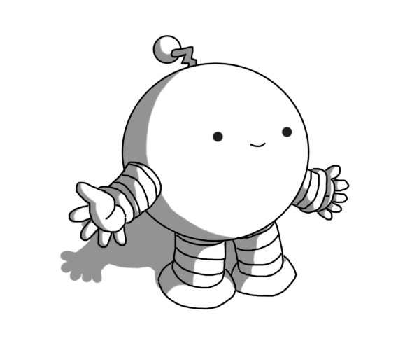 A spherical robot with banded arms and legs and a zigzag antenna. It's standing there, arms held out, smiling, and is in no way disturbing or sinister.