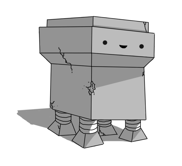 A robot that appears to be built of concrete. Its body is a big cube, with a flared section atop it and a final cuboid on top of that. It has four banded legs on its underside, with trapezoid-shaped feet. The robot's face is on the flared part, and there are various cracks and small missing chunks across its surface, but it seems happy enough.