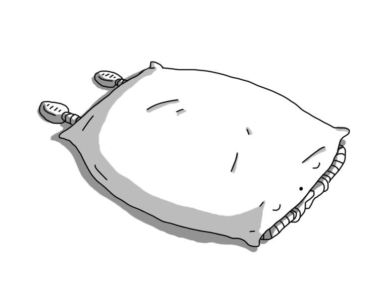 A robot in the form of a pillow. It's oriented with its face on one end, and has banded arms and legs on its underside, so that the surface where you'd lay your head is effectively it's back. The robot is asleep, with its hands folded under its chin and its legs stretched out.
