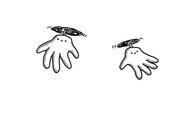 Two robots shaped like hands with little faces on and held aloft by propellers.