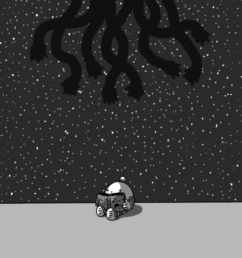 A spherical robot with banded arms and legs and an antenna, sitting on the ground beneath a vast sky filed with stars, reading a book that looks like the skin-covered Necronomicon, as featured in the Evil Dead film series, and making an 'oooooh' face. Above it, in the sky, the silhouettes of eight dark, claw-tipped tentacles - the limbs of Eldritchbot - writhe menacingly.