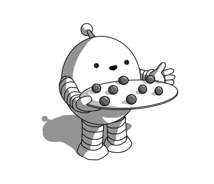 A round robot with banded arms and legs and an antenna. It's smiling and holding a circular tray or plate that is loaded with eight small, dark, shiny spheres.
