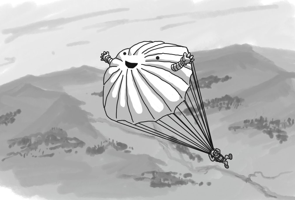 A helmeted, harnessed person descending with the aid of a round parachute, which is also a robot: it has a smiling face on its top and two banded arms on either side. Below them is a watercolour landscape, depicting a lightly-forested river valley.